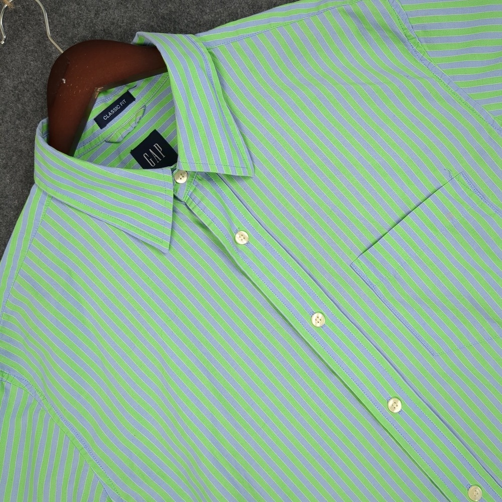 GAP Mens Classic Fit Long Sleeve Button Down Shirt Green Blue Striped Large